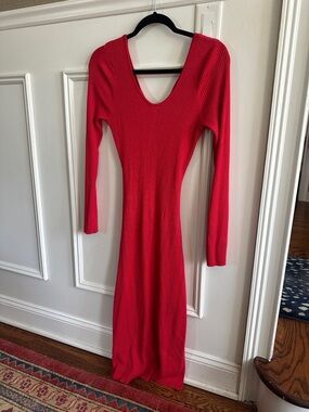 Women's Ribbed Long-Sleeve Red Dress